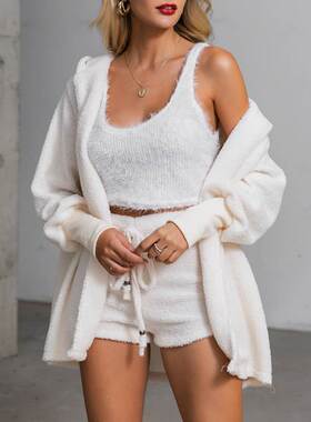 Plush Long Sleeve Crop Tank Top Shorts Set of Three三件套女