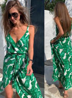 arty Casual Wrap Beach Dress Ladies Leaf Printed Green Dress