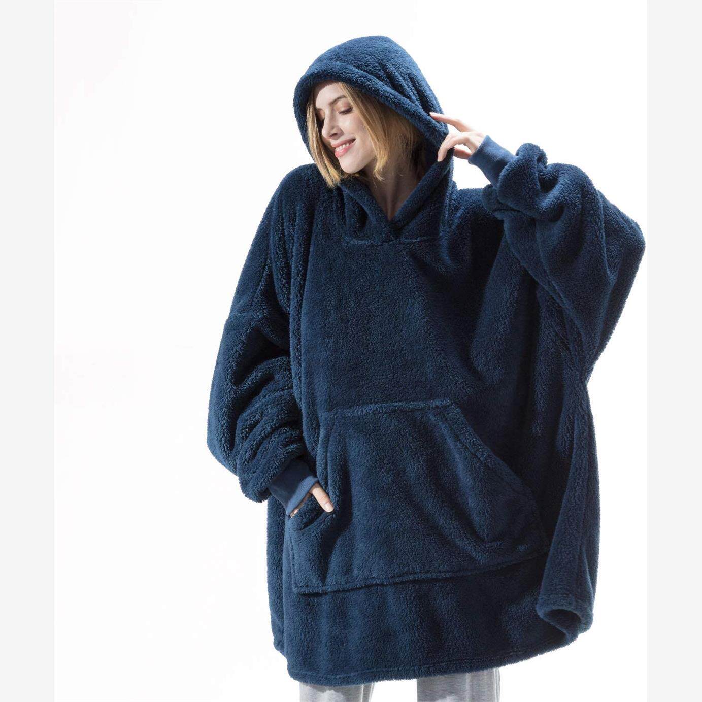 亚马逊舒适宽松双面绒加厚口袋毛毯情侣款家居服卫衣绒衫女hoodie
