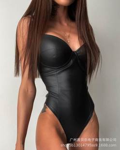 Black PU tights sexy sling one-piece top women