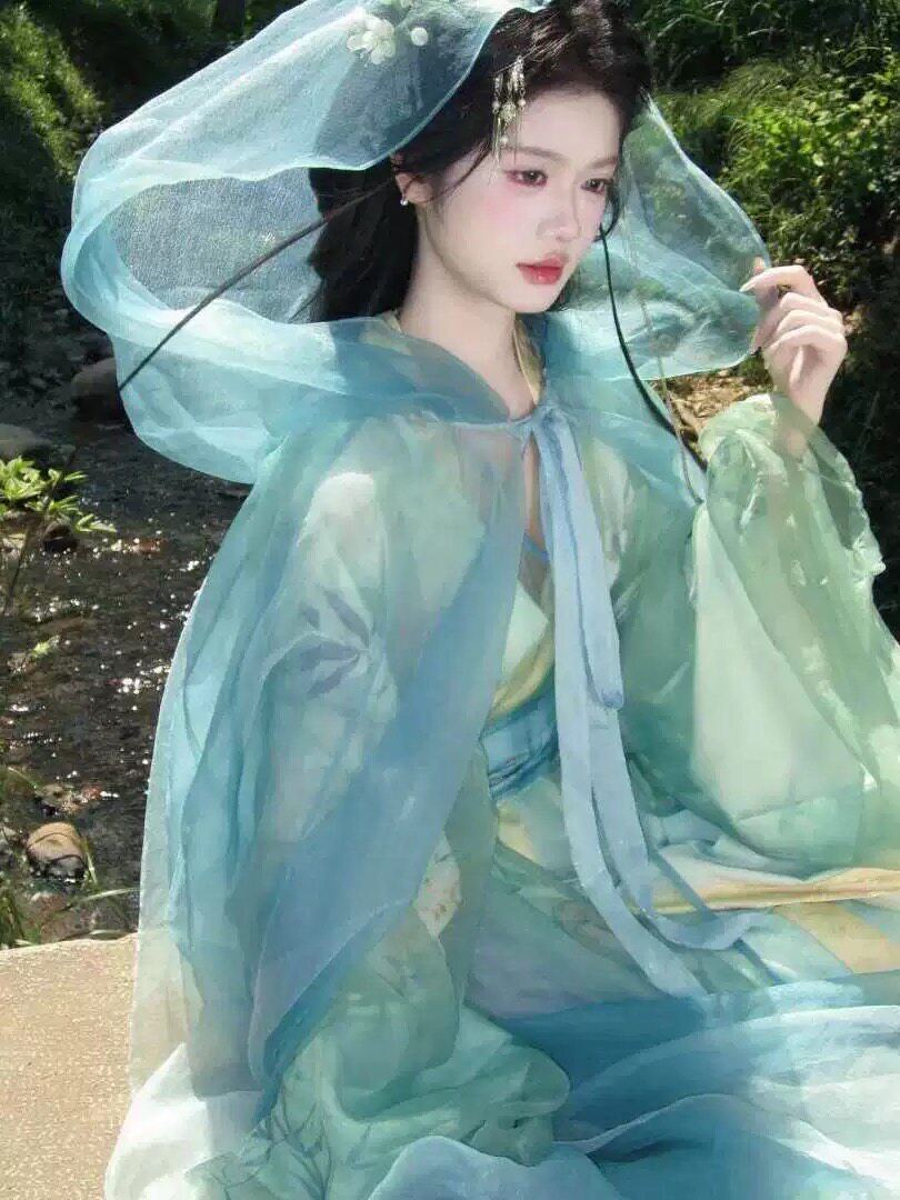 蓝色汉服女斗篷披风披纱披肩超仙气飘逸清冷古风古装2026新款夏季
