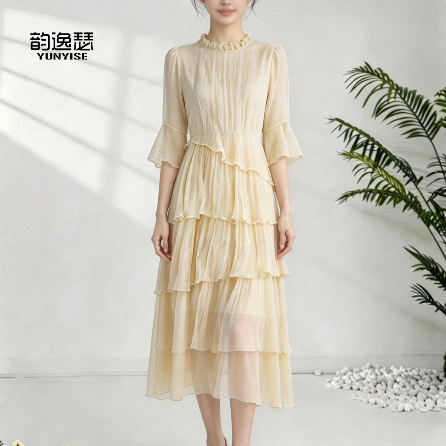 桑蚕丝真丝连衣裙女2026夏季新款木耳边喇叭袖高腰显瘦中长款裙子