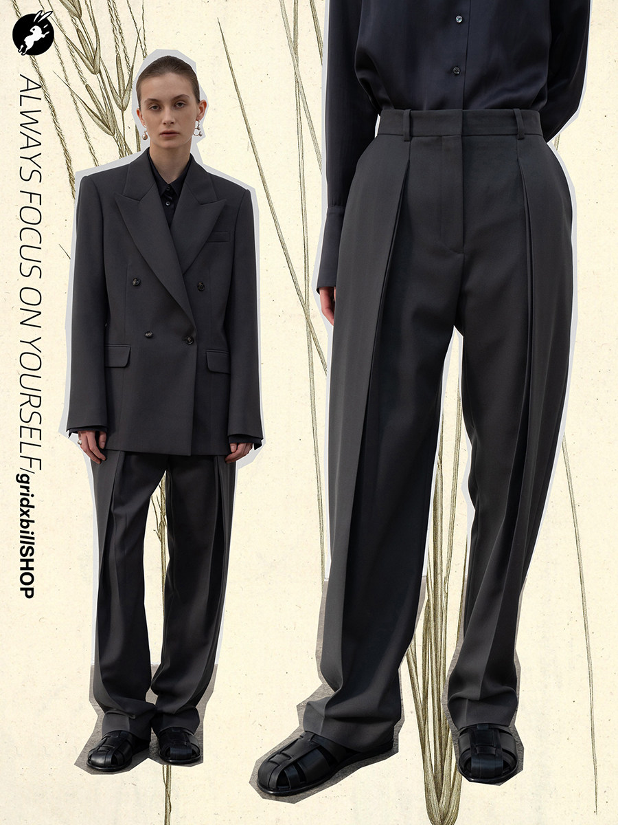 65折现货 low classic 正品授权 21秋冬 褶皱宽松直筒西装裤长裤