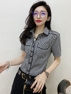 黑色格子衬衫女春夏新款翻领修身短袖上衣韩版洋气大码打底衫