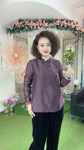 K5395云锦丝新中式国风盘扣褶皱宽松显瘦气质斜扣长袖衬衫女