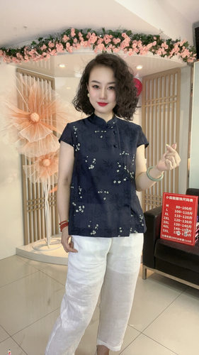 5262夏季新款宽松遮肉碎花立领盘扣短袖衬衫女百搭洋气国风中式潮