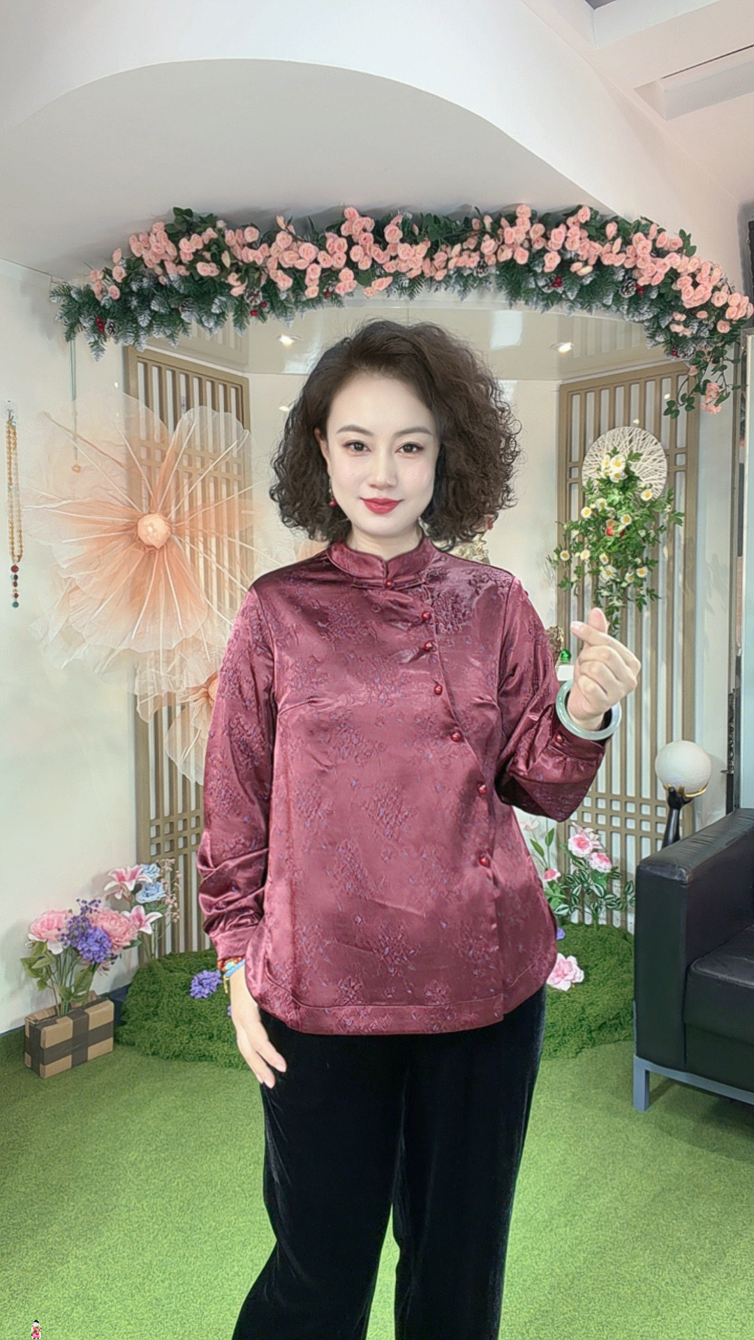 X6226新中式国风高级感人丝提花盘扣立领气质显瘦斜扣长袖衬衫女