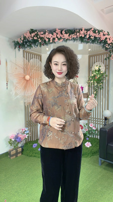 K5393新中式国风冰丝凉感凤凰印花包扣偏襟长袖衬衫女