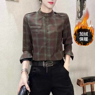 加绒保暖格子衬衫女立领修身显瘦长袖大码上衣加厚衬衣冬季