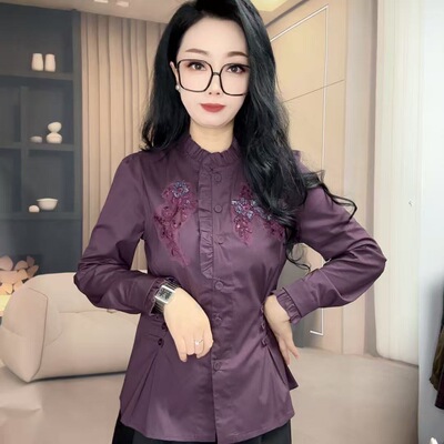 X6136新款时尚修身显瘦重工刺绣木耳边衬衫女立领荷叶边上衣洋气