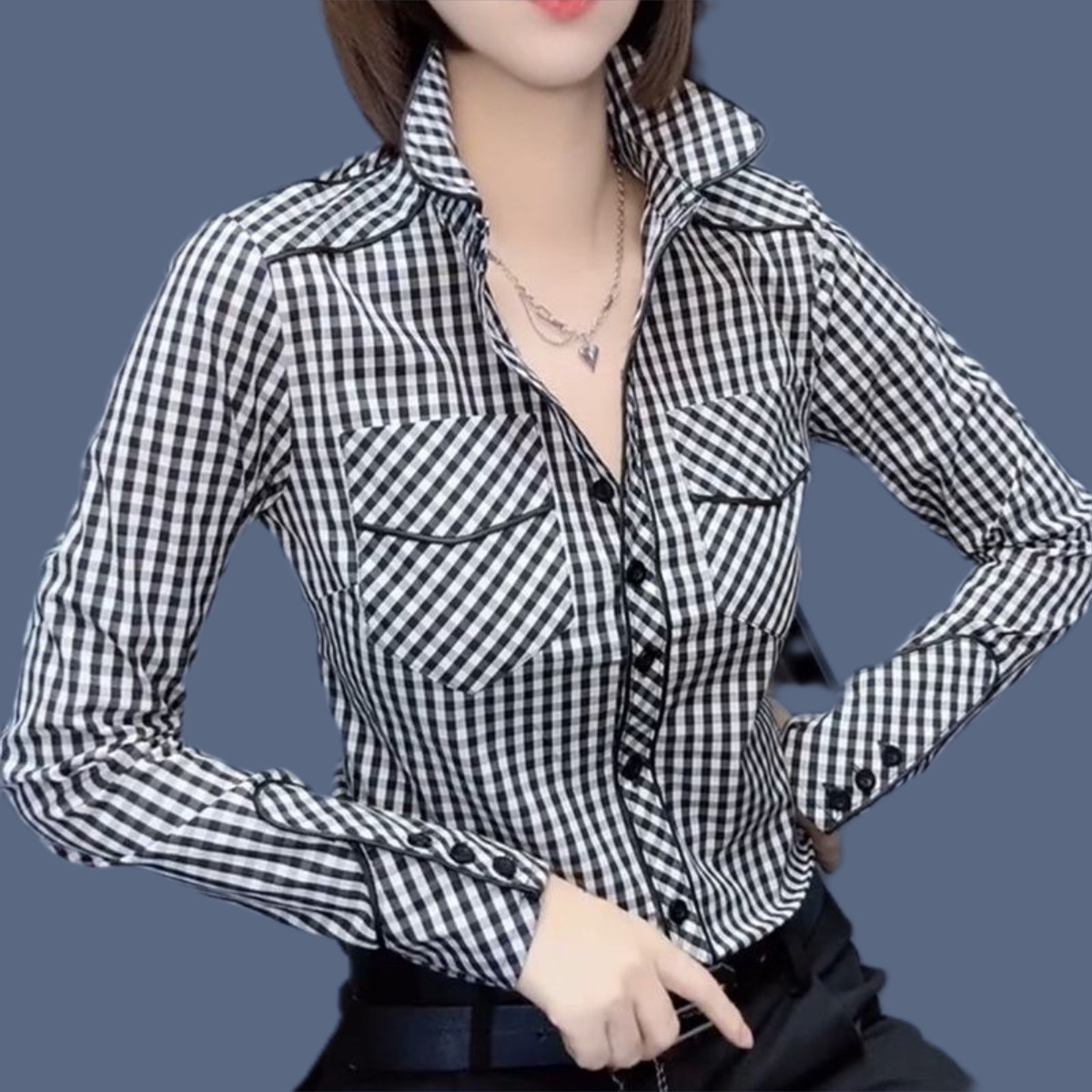 时尚格子衬衫女春秋新款修身显瘦方领千鸟格通勤衬衣减龄百搭上衣