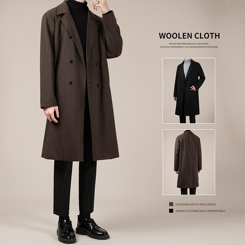 双排扣大衣男过膝秋冬季新款微阔棕色高级感中长款显高毛呢风衣潮