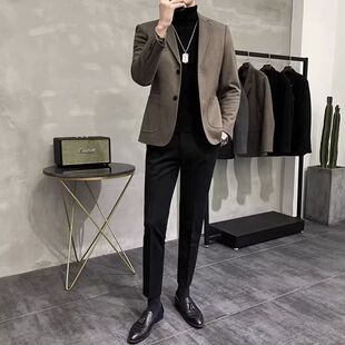 冬季毛呢西装男套装高质感痞帅西服厚款休闲套装轻熟风灰色外套潮