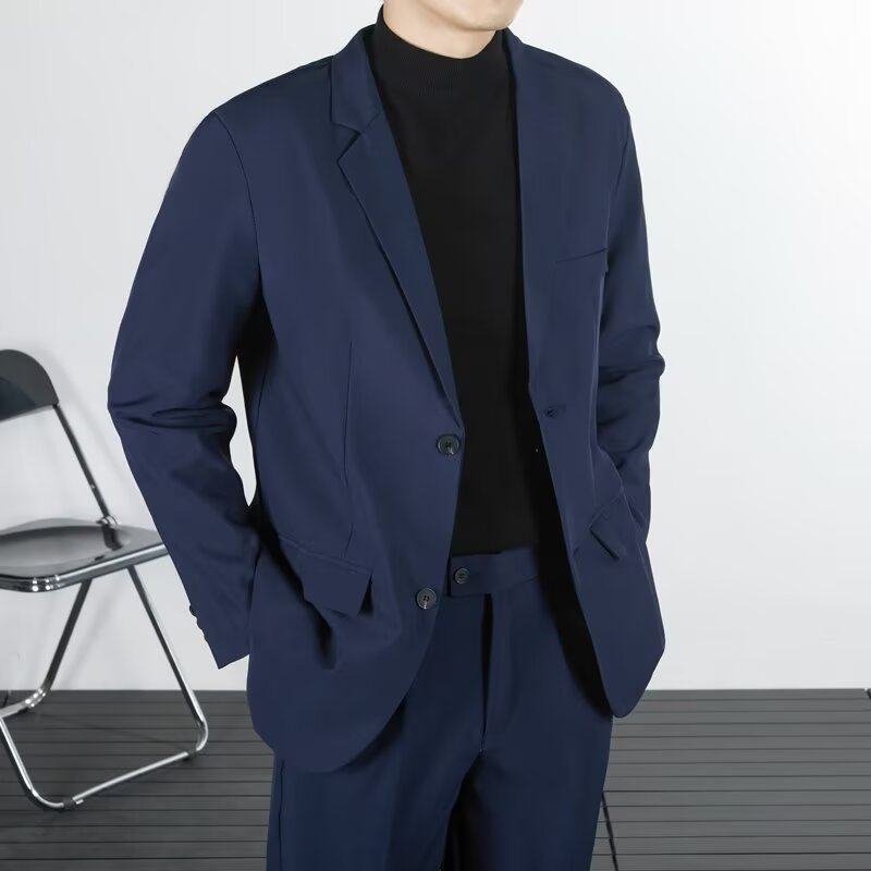 秋冬季男士西装外套蓝色高质感西装套装两件套宽松坠感休闲西服潮