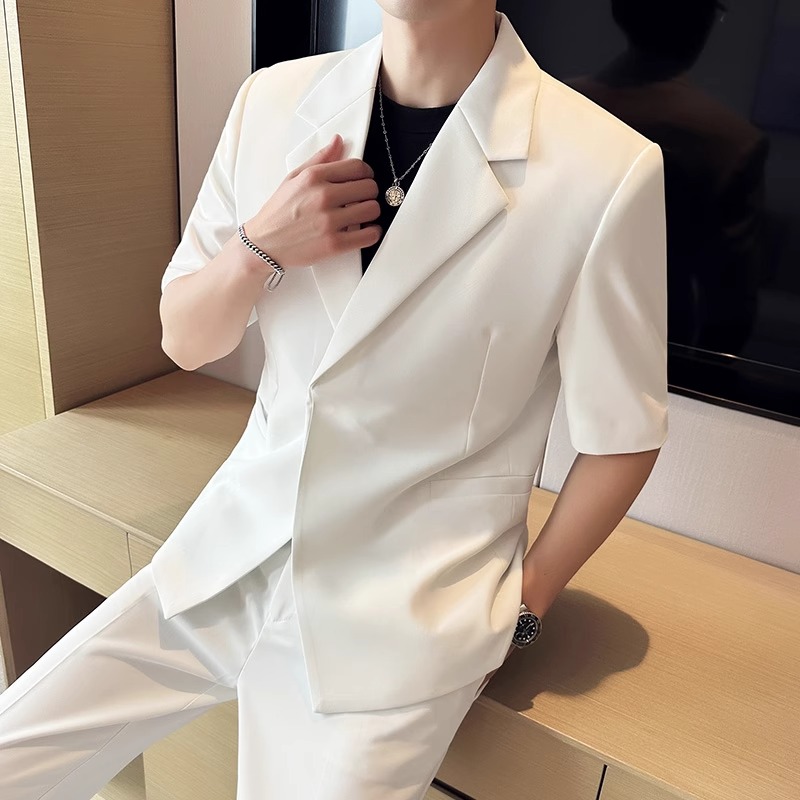 2025夏季薄款七分中袖西装宽松发型师短袖西服套装男士休闲潮流