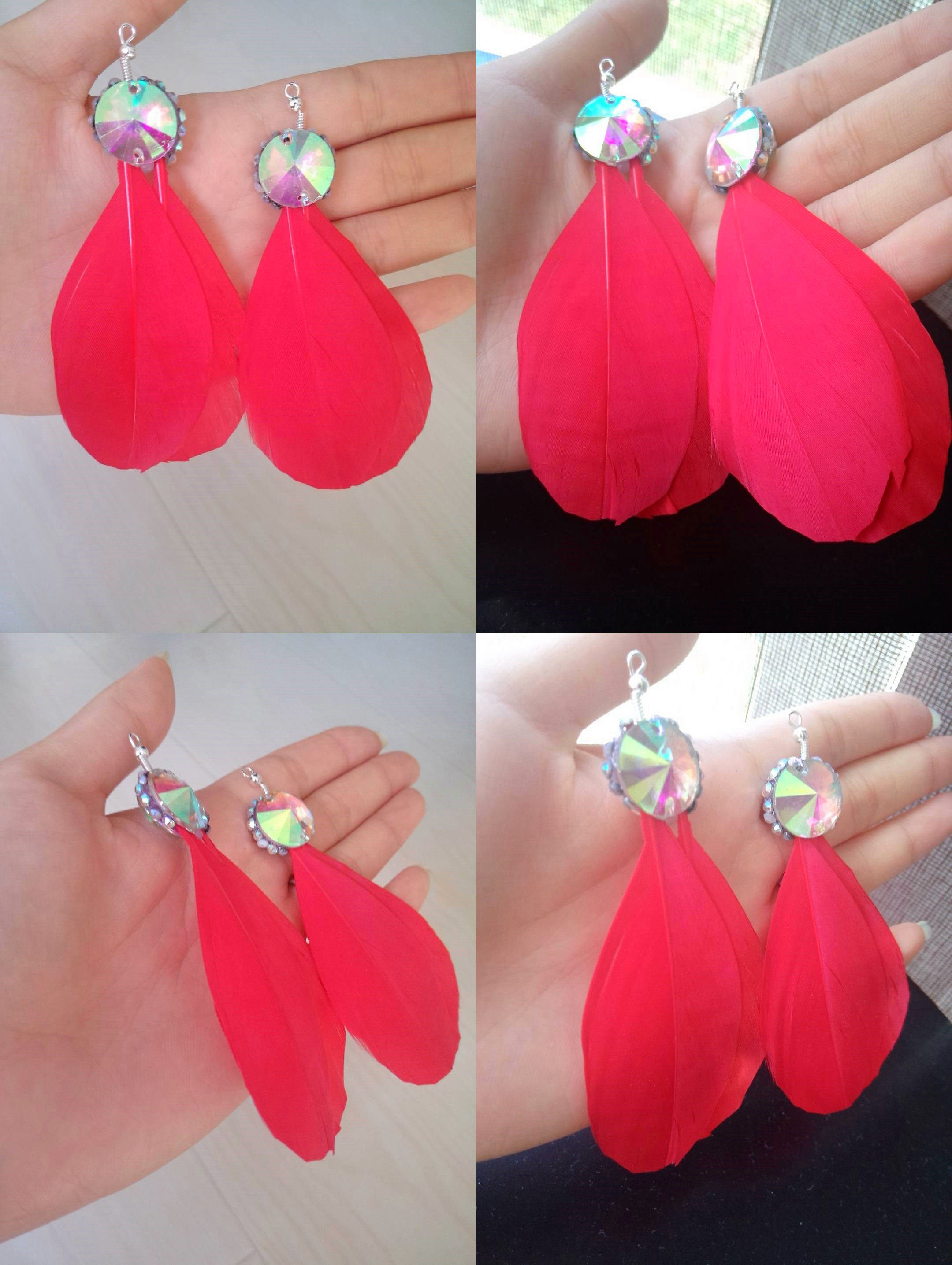 大钻正红色羽毛耳环拉丁舞蹈表演出比赛国标舞拉丁舞耳夹耳环耳坠