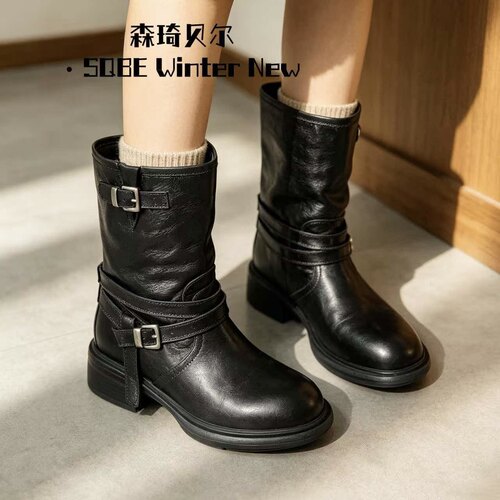 2026秋冬新款森琦贝尔品牌265-1472R全牛皮中筒靴马丁靴休闲靴