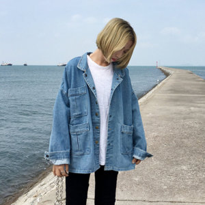 春秋韩版小清新宽松bf风百搭牛仔衣 学生港风复古浅蓝牛仔外套女