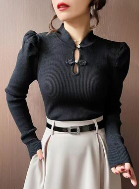 春秋新款盘扣中国风泡泡袖打底衫德绒长袖时尚内搭休闲风上衣女士