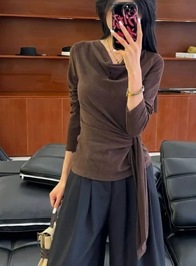 秋冬新款德绒打底衫女显瘦T恤绑带设计长袖气质修身保暖休闲上衣