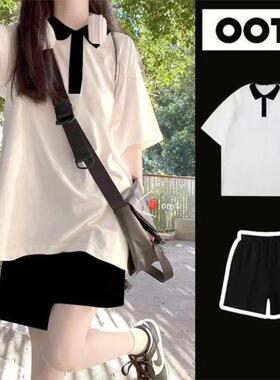 夏季新款休闲套装女设计感小众T恤短袖不规则五分裤中短裤两件套