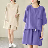 新复古宽松短袖 胖mm夏季 t恤洋气运动两件套 套装 纯色遮肉显瘦时尚