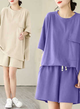 纯色遮肉显瘦时尚套装胖mm夏季新复古宽松短袖t恤洋气运动两件套