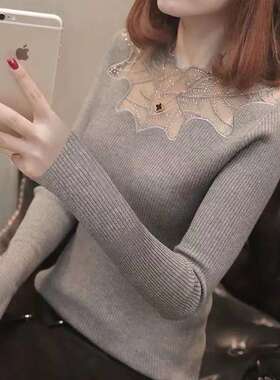 秋冬季蕾丝打底衫女T恤德绒修身显瘦洋气螺纹保暖休闲内搭上衣女
