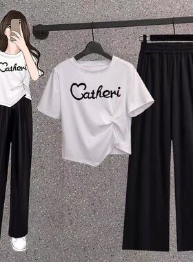 夏季韩版新款印花爱心不规则甜辣短款上衣两件套装女潮流时尚套装