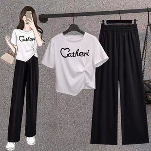 夏季韩版新款印花爱心不规则甜辣短款上衣两件套装女潮流时尚套装