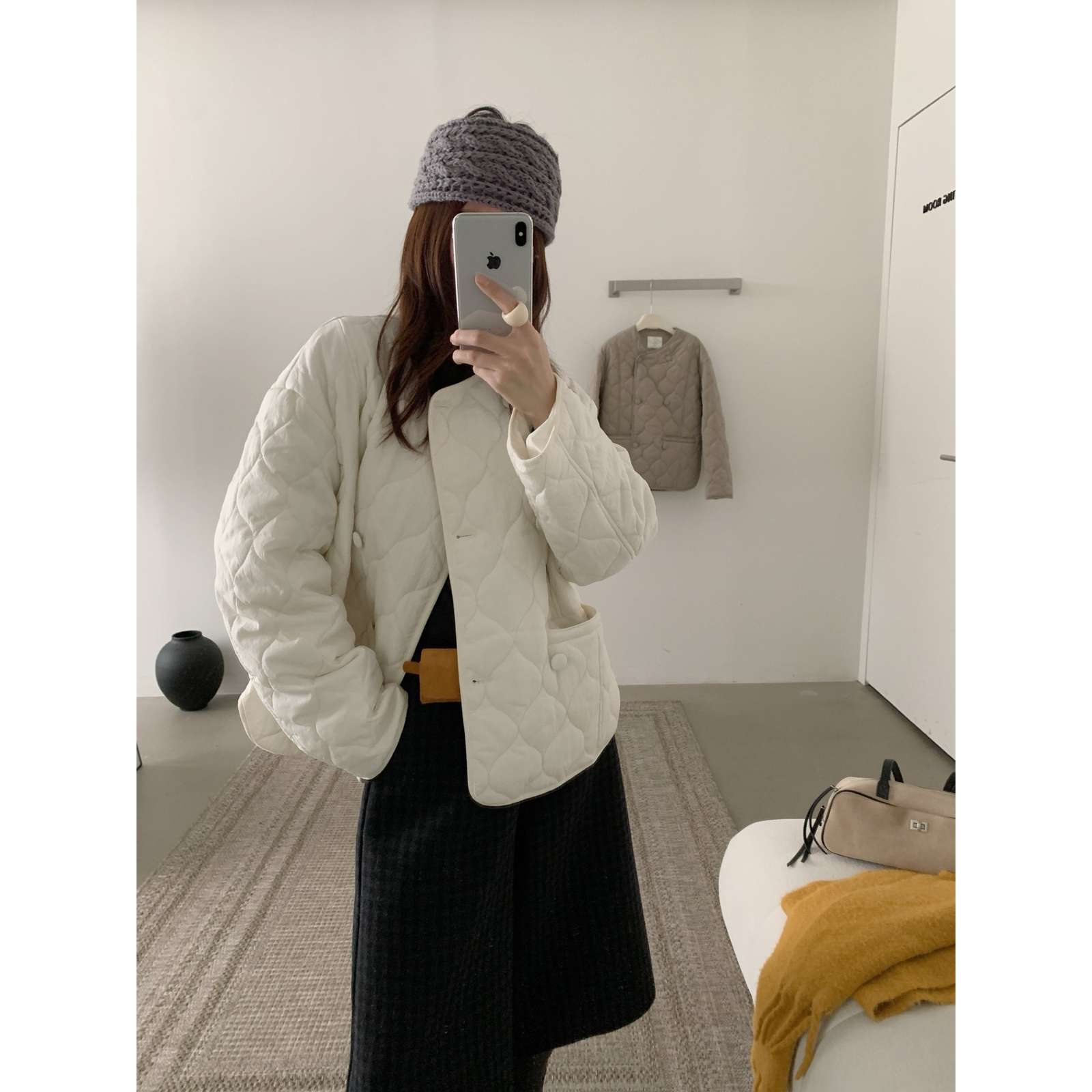 立体菱格缝线双排扣长袖棉服外套