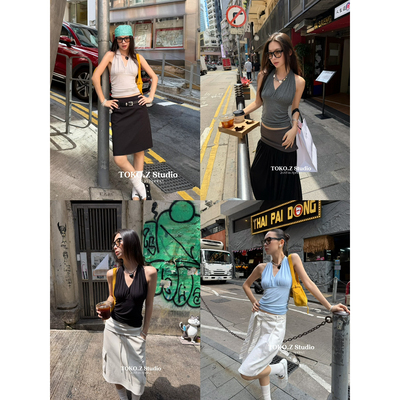 美式辣妹挂脖收腰抽褶背心上衣