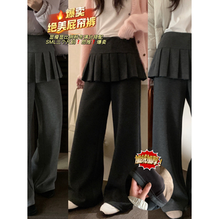 女保暖显瘦假两件长裤 TE冬季 阔腿休闲裤 拼接花边屁帘加绒厚款 韩版