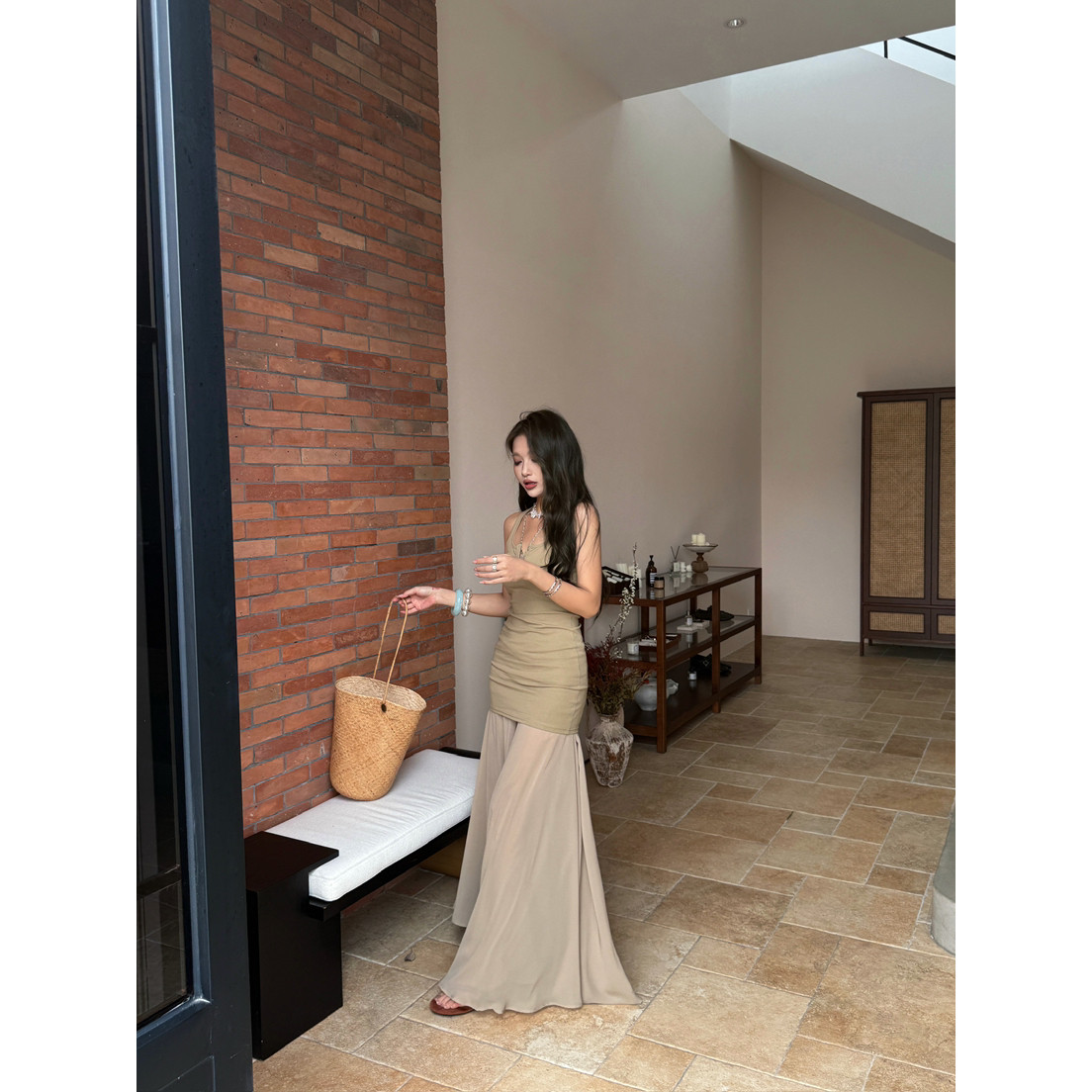 TOKO.Z夏季韩版U领修身长款工字背心上衣+拼接雪纺半身裙两件套装