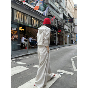 韩版 阔腿休闲裤 纯色口袋长袖 外套 两件套 连帽卫衣开衫 TOKO.Z春季