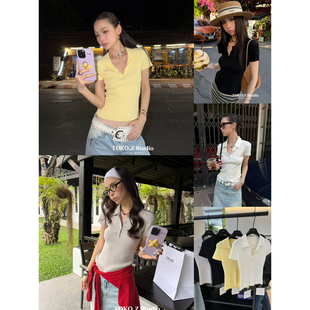 TOKO.Z春韩系简约V领净版修身短袖针织衫女百搭显瘦短款小衫上衣