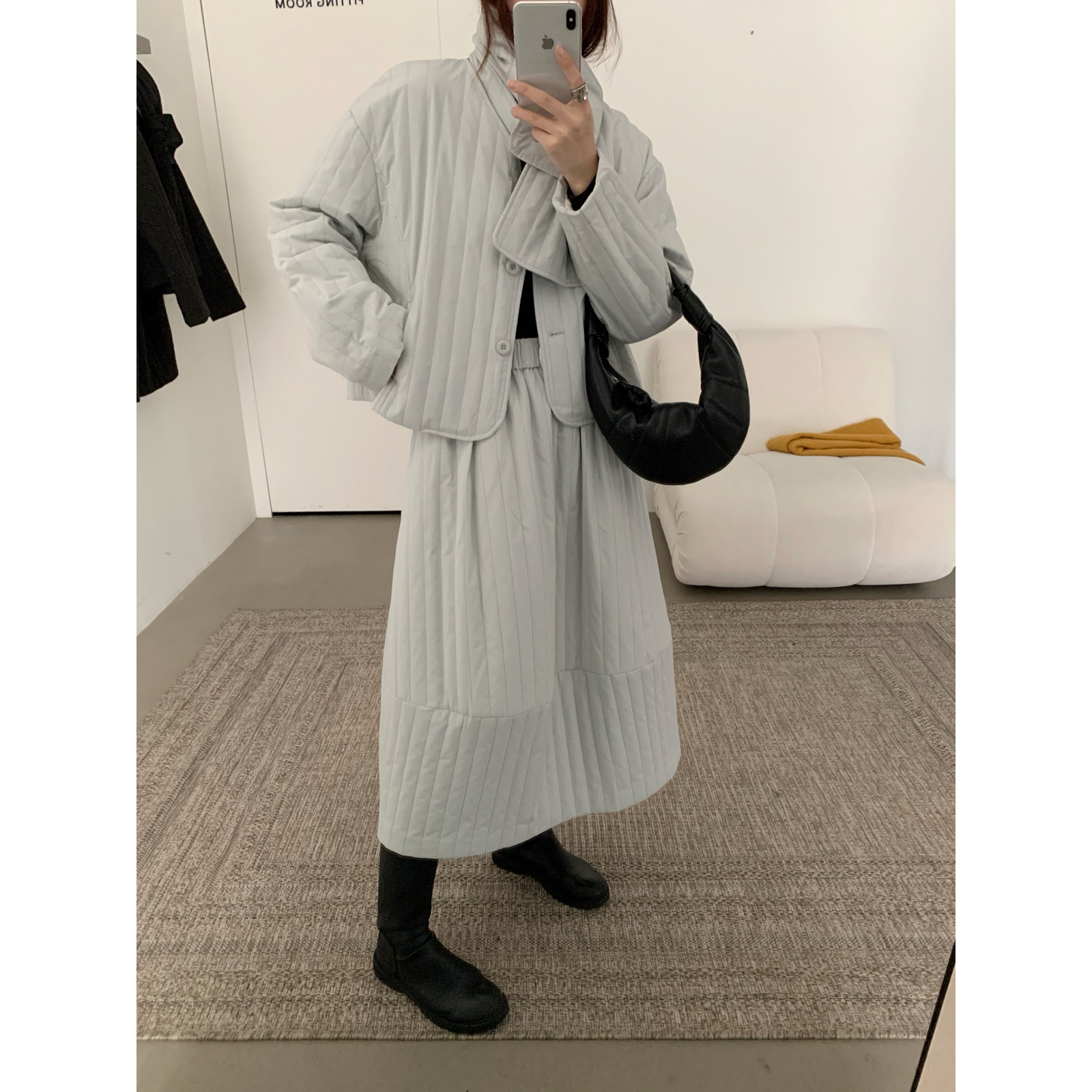 TE冬季韩版肌理感纹理净版长袖夹棉棉服外套+半身裙+围巾三件套装