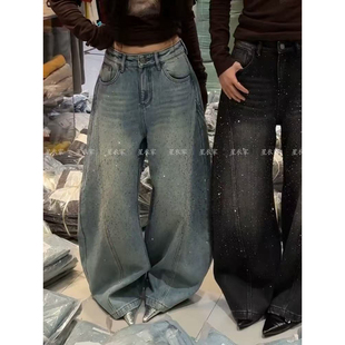 女百搭宽松显瘦长裤 小雯 重工满烫钻明线弯刀阔腿牛仔裤 美式 冬季