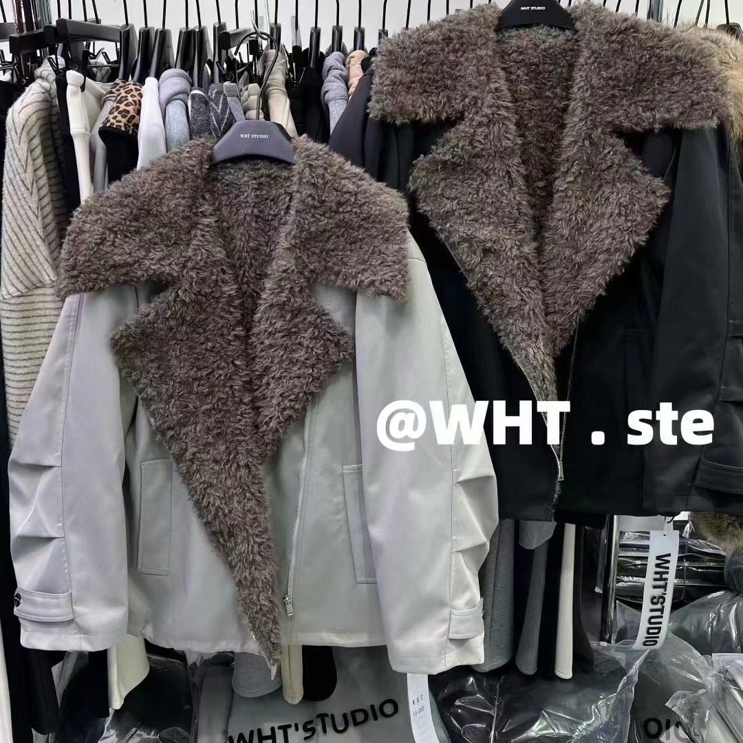 大翻领毛毛褶皱长袖派克服