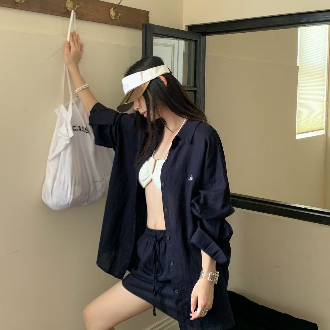 TOKO Z夏季时髦字母刺绣棉麻长袖衬衫外套+休闲短裤两件套装女ins