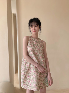 法式小众削肩挂脖提花吊带连衣裙