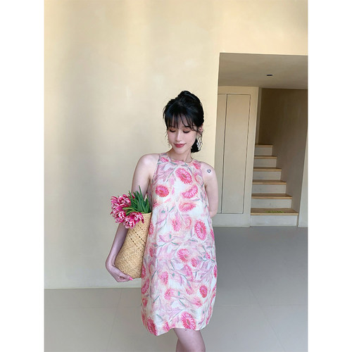法式苎麻印花无袖背心连衣裙夏季