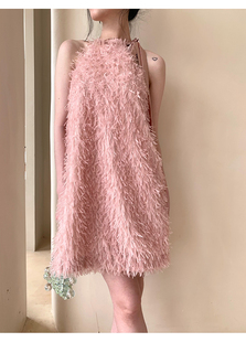 EMo原创法式 小众度假风连衣裙粉色 削肩挂脖吊带裙流苏短裙女夏季