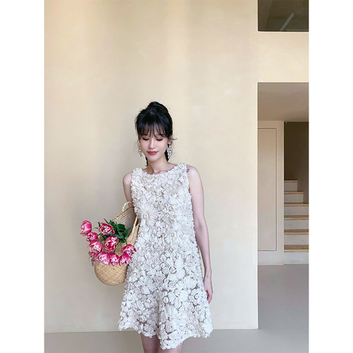 法式一字领花朵无袖连衣裙蓬蓬裙