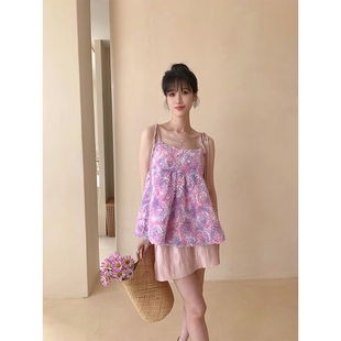 EMo设计感小众度假花苞上衣夏季 立体花朵网纱蓬蓬吊带上衣女 法式