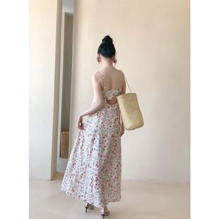 EMo法式 小众设计感吊带连衣裙女 印花露背长裙度假仙女裙2024夏季
