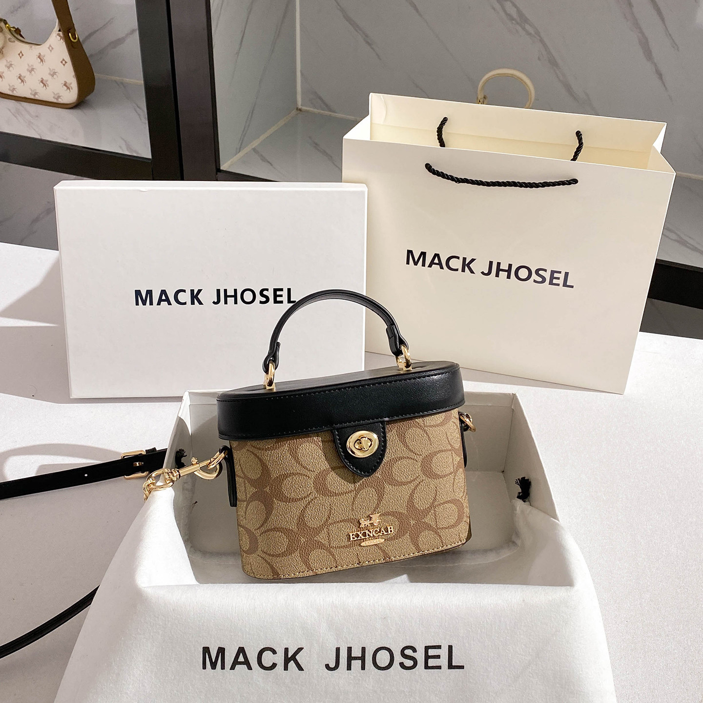 MACK JHOSEL复古印花盒子包包女士2026新款高级感撞色链条小方包,箱包皮具/热销女包/男包,水桶包,淘宝优惠券,粉丝福利购,淘宝优惠卷