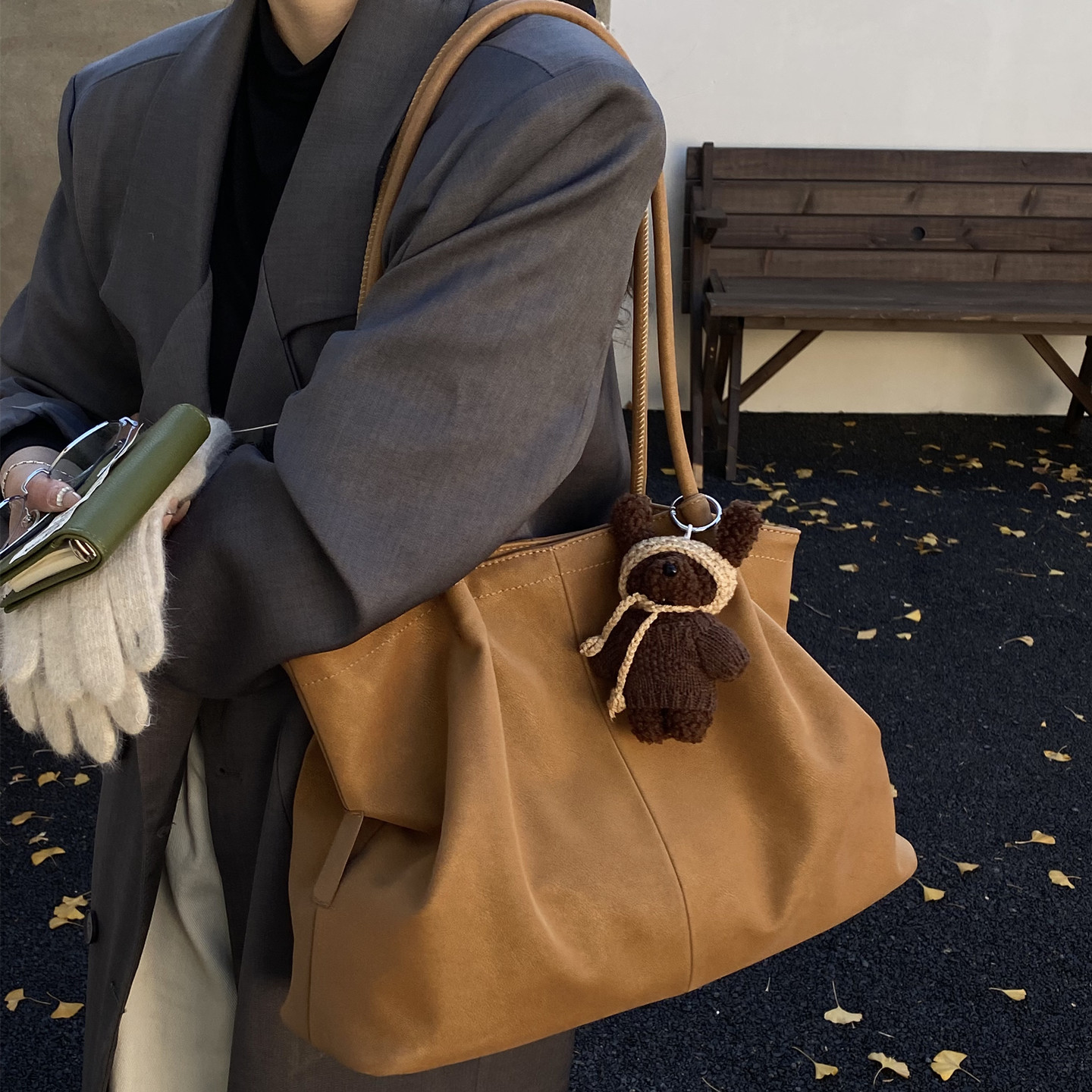 韩系麂皮绒大容量单肩包质感托特