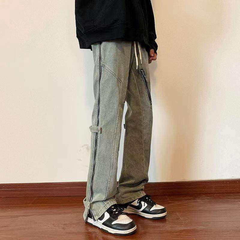 美式vibe风裤子抽绳松紧腰侧拉链牛仔裤男款直筒工装裤开叉微喇裤