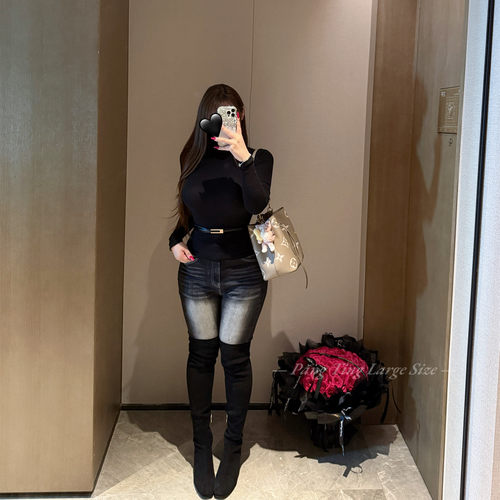 胖婷大码丰胯薄绒小脚牛仔裤韩女